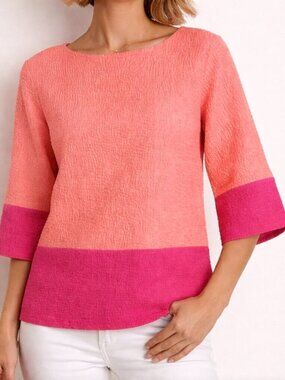 CAROLINE ROSE tunic top blouse pink coral color block crinkle texture M